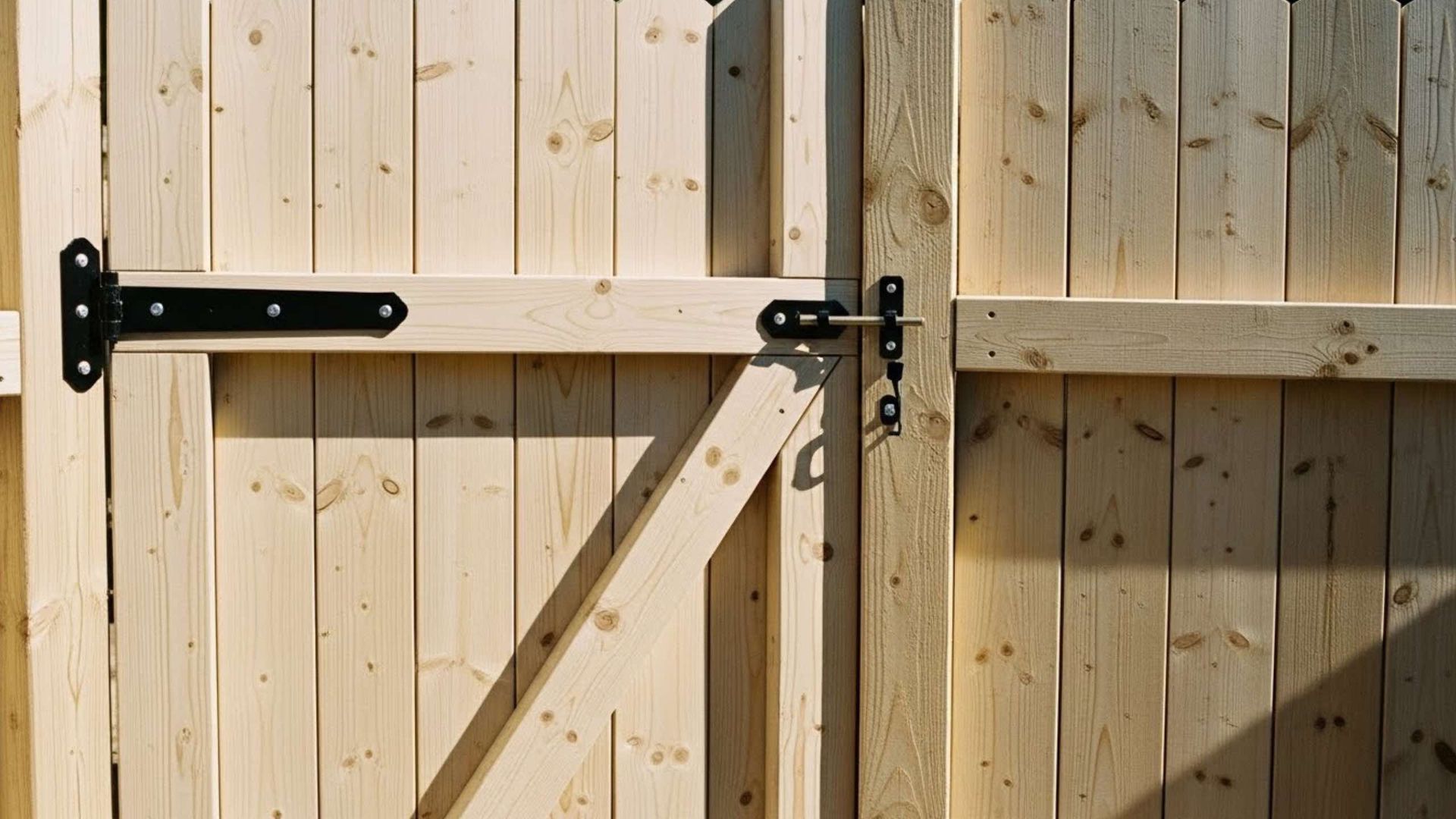 A light wood gate with black metal hardware and a latch, viewed from the outside of a wooden fence.