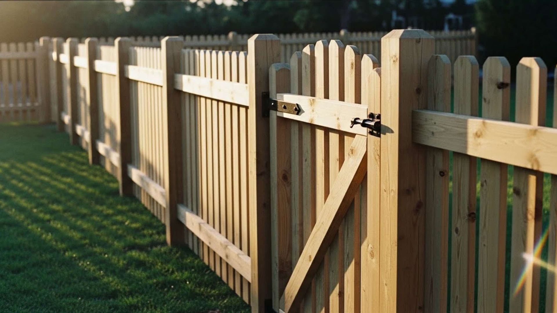 A wooden picket fence with a latching gate standing on a green lawn at sunset.