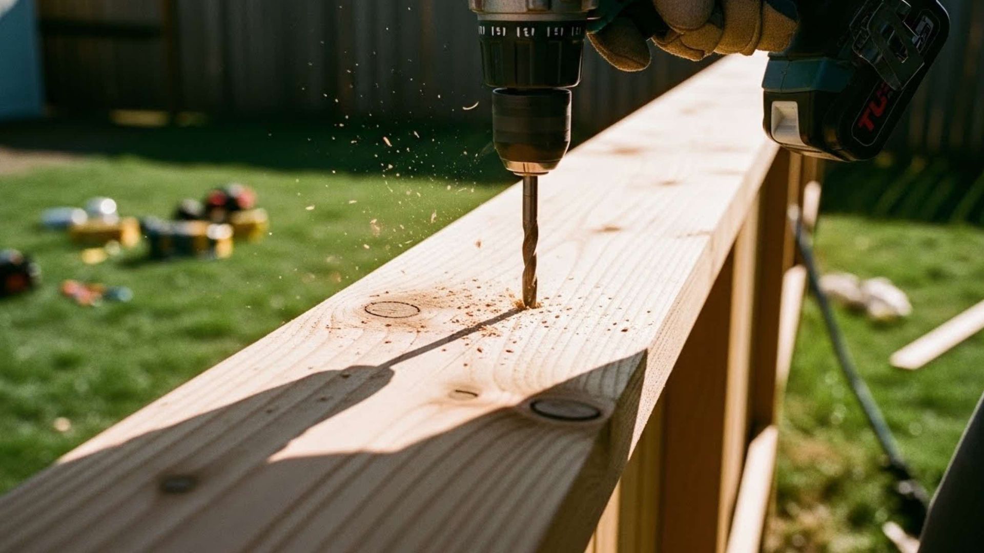 A person uses a power drill to bore a hole into a wooden fence board outdoors, with wood shavings spraying into the air.