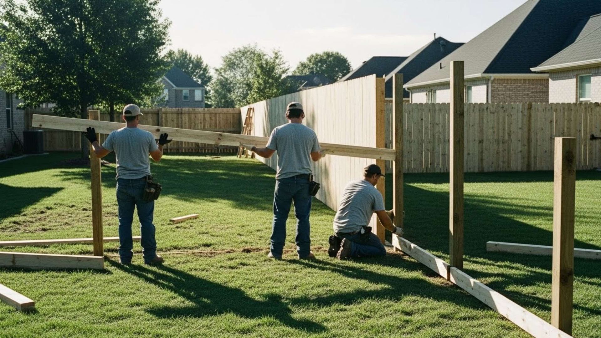 Wooden privacy fence in a grassy yard, under a blue sky, with shadows and a tree.