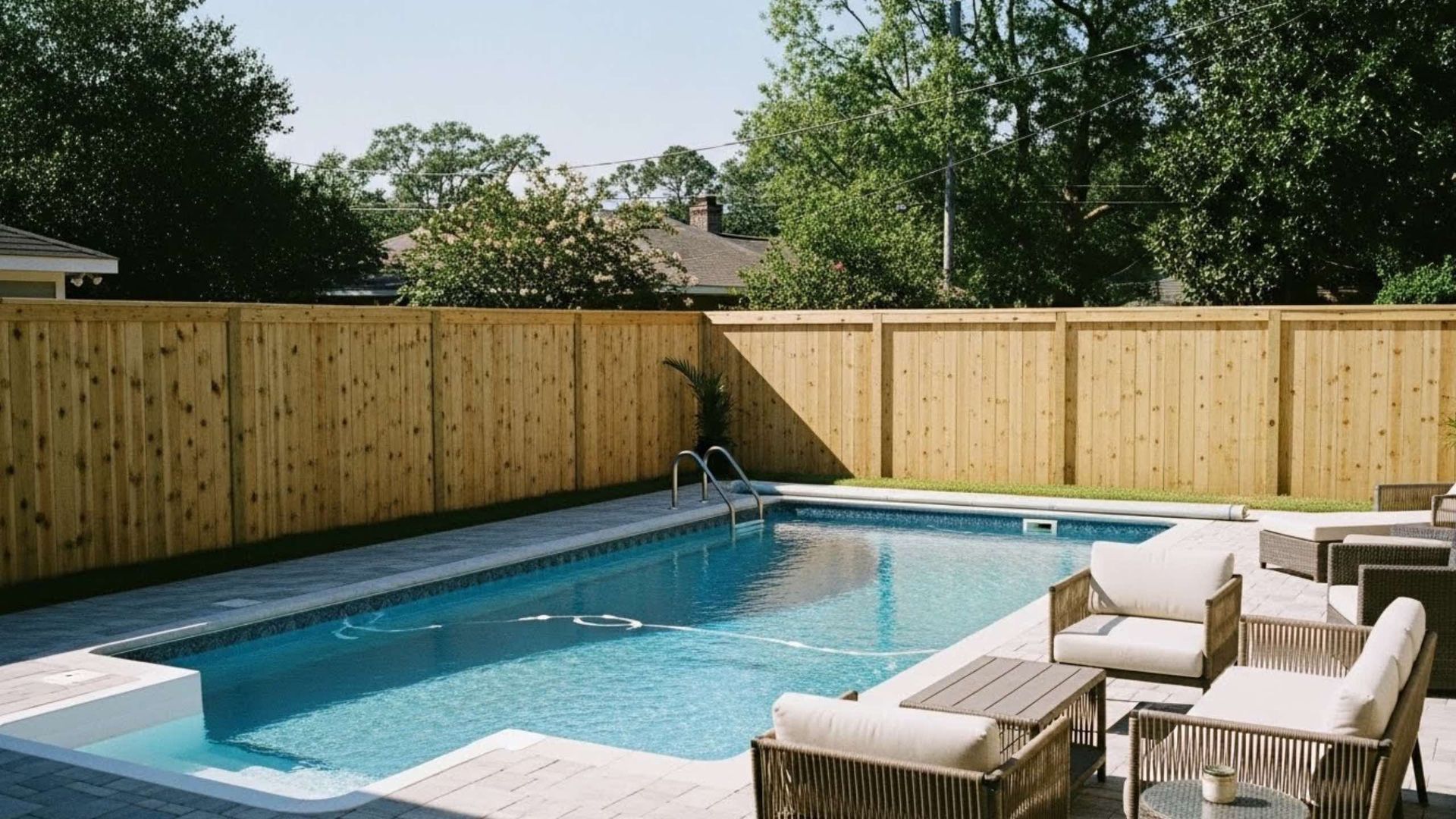 A backyard swimming pool with light-colored patio furniture and a tall wood privacy fence under a clear blue sky.