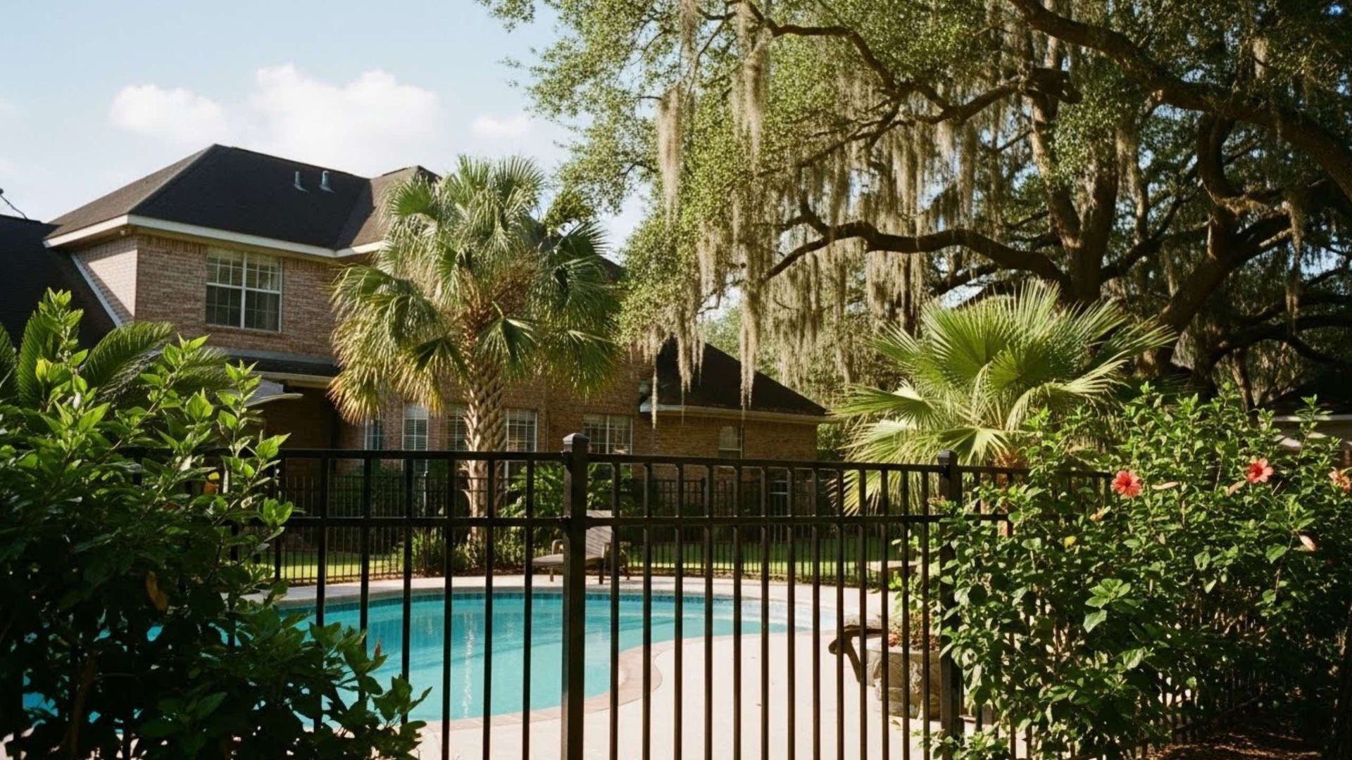 A swimming pool in a residential backyard with a black fence, palm trees, and a brick house in the background.