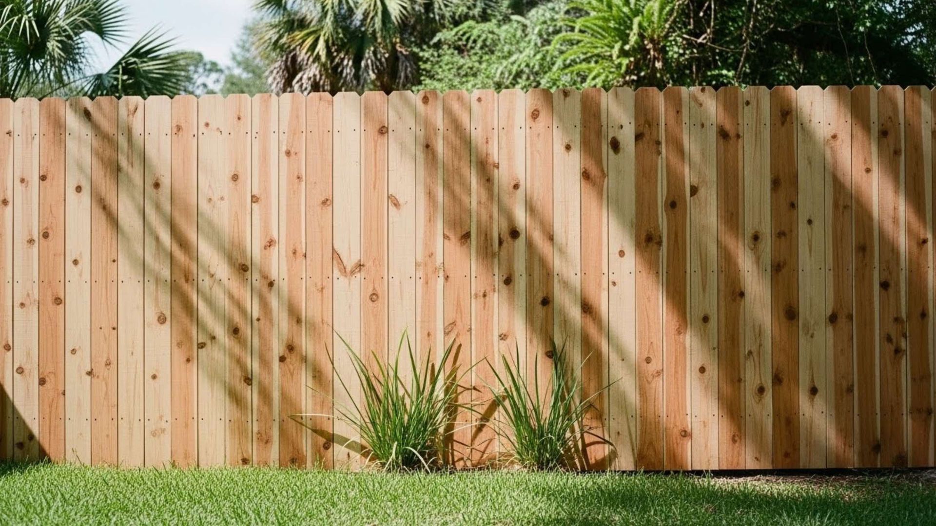 Wooden privacy fence in a grassy yard, with shadows and small plants at the base.