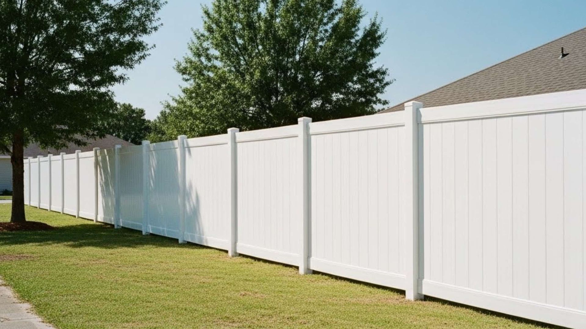 White vinyl fence along grassy lawn, trees, and house in background.