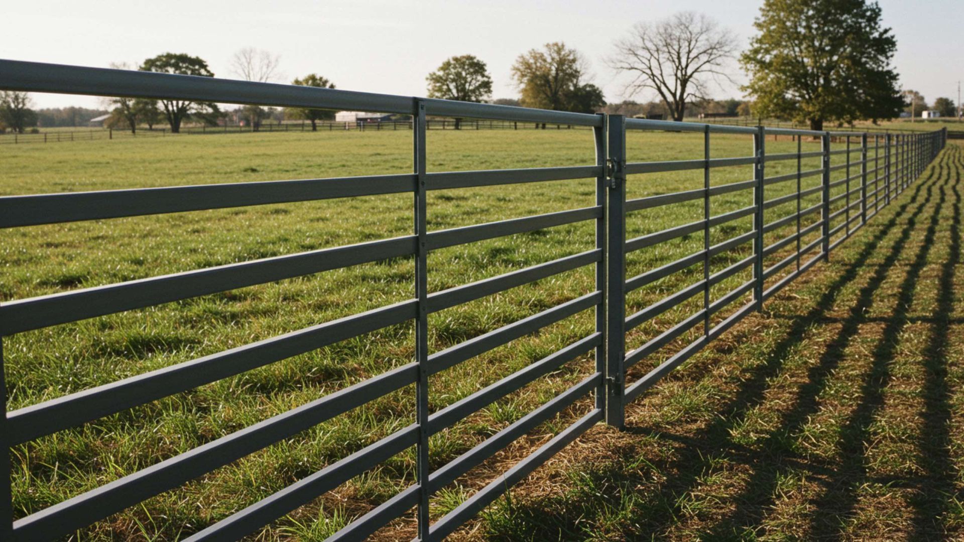 Metal fence in a grassy field, trees in the background, sunny day.