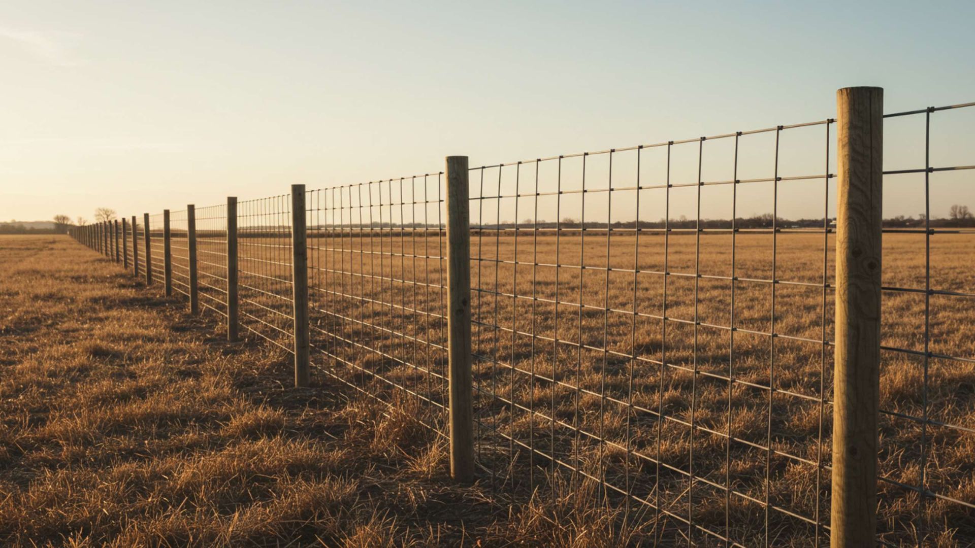 Wire fence in a field of dry grass under a clear sky.