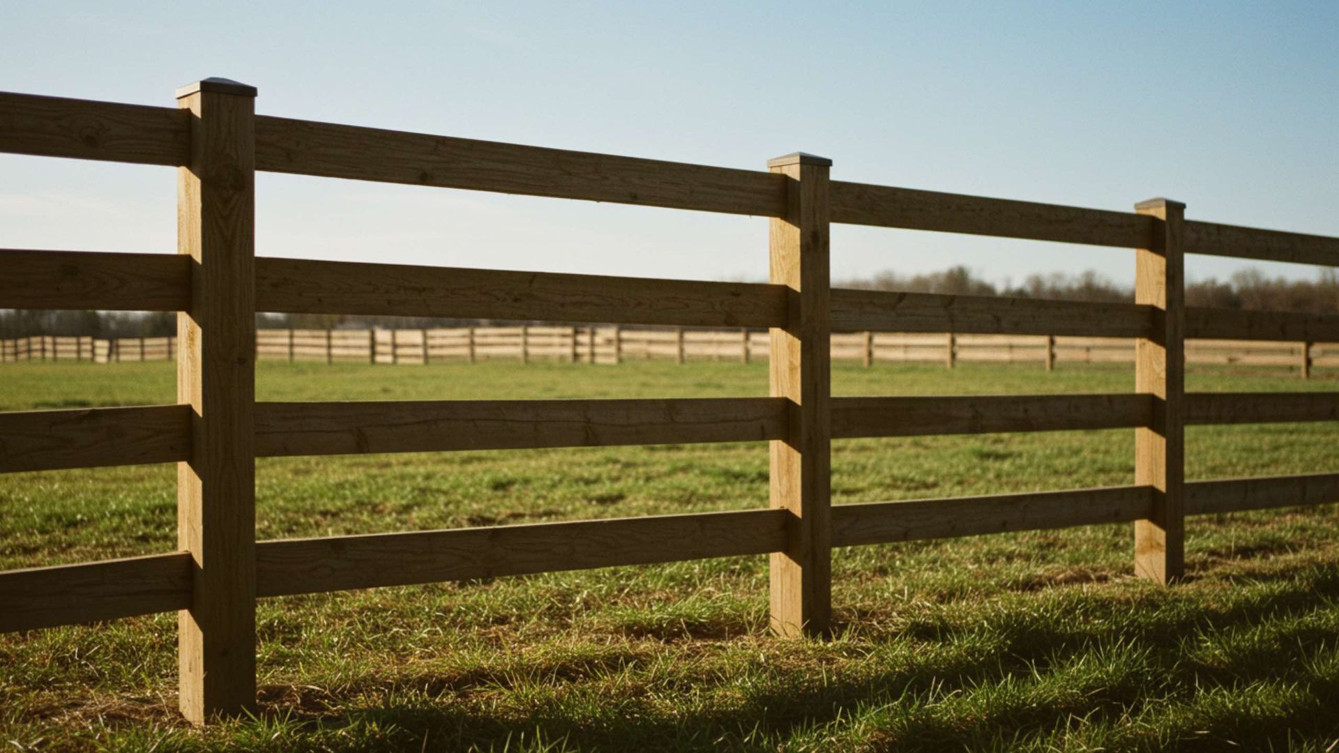 Wooden fence in a grassy field with a clear blue sky in the background.