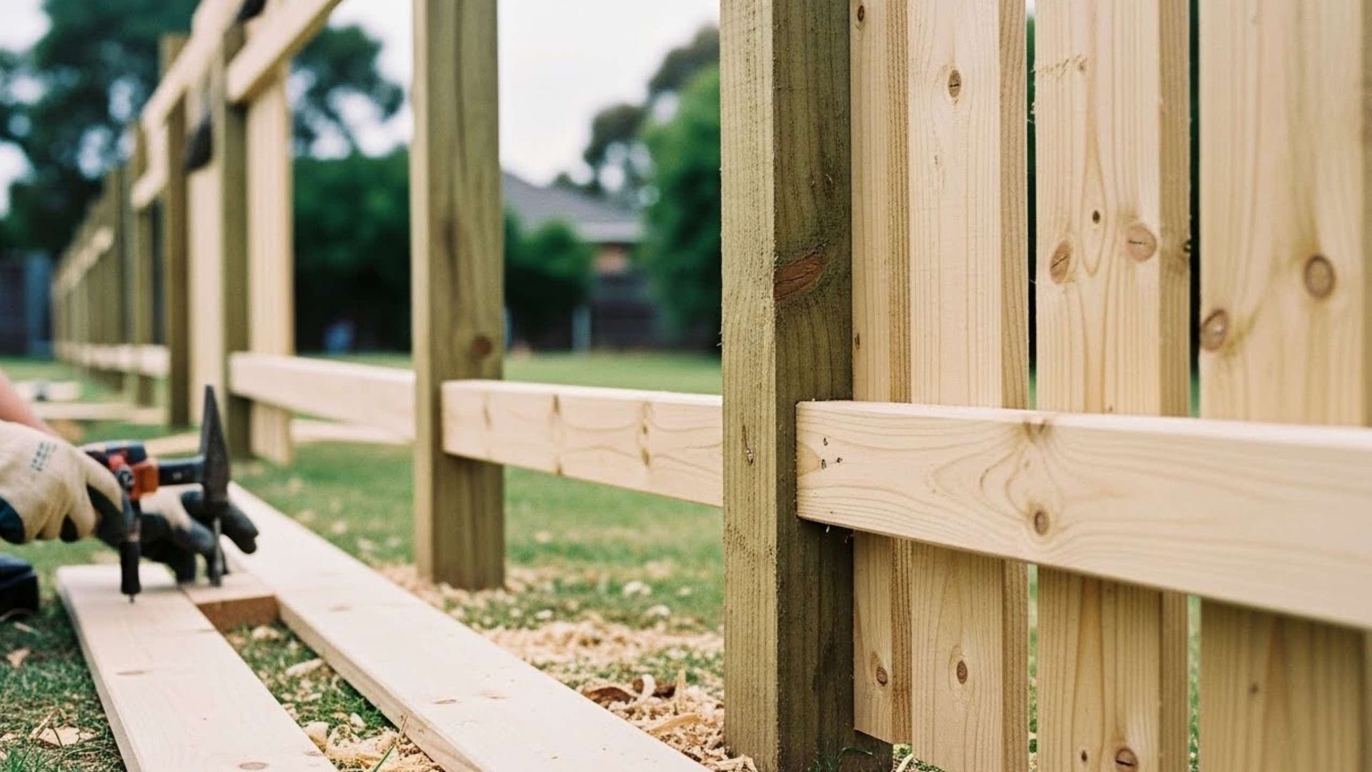 Man building a wooden fence outdoors, using power tools.