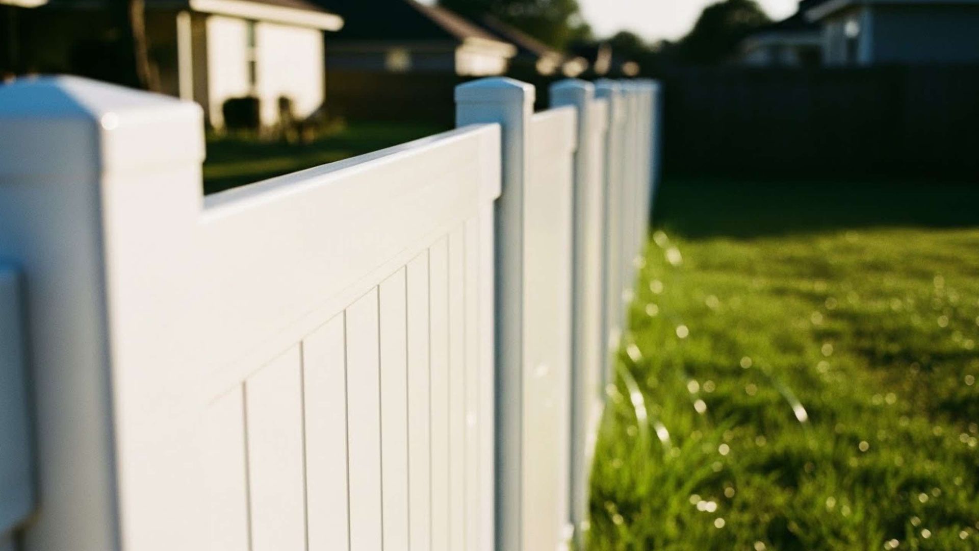 A close-up, low-angle view of a white vinyl privacy fence extending into a sunny green backyard.