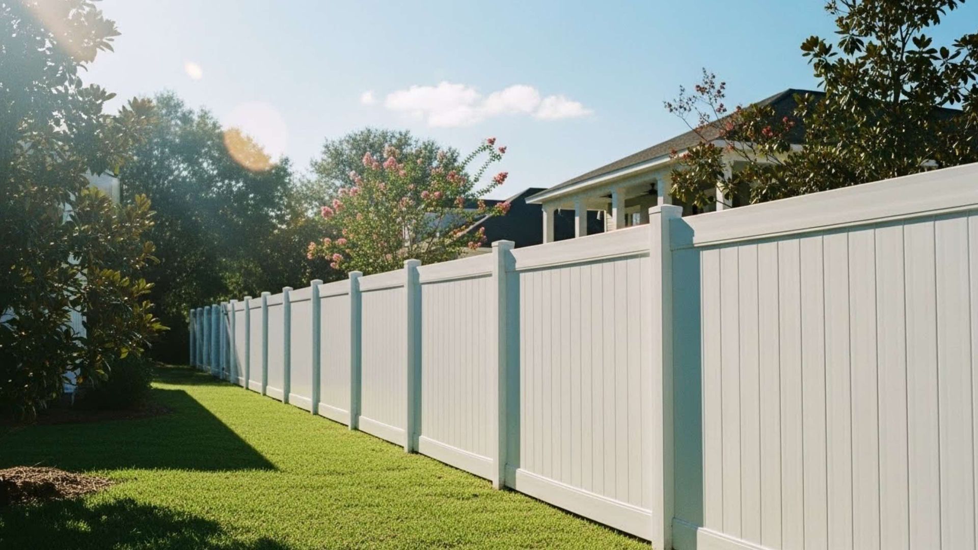 White vinyl fence along a green lawn in front of a house, bright sunny day.