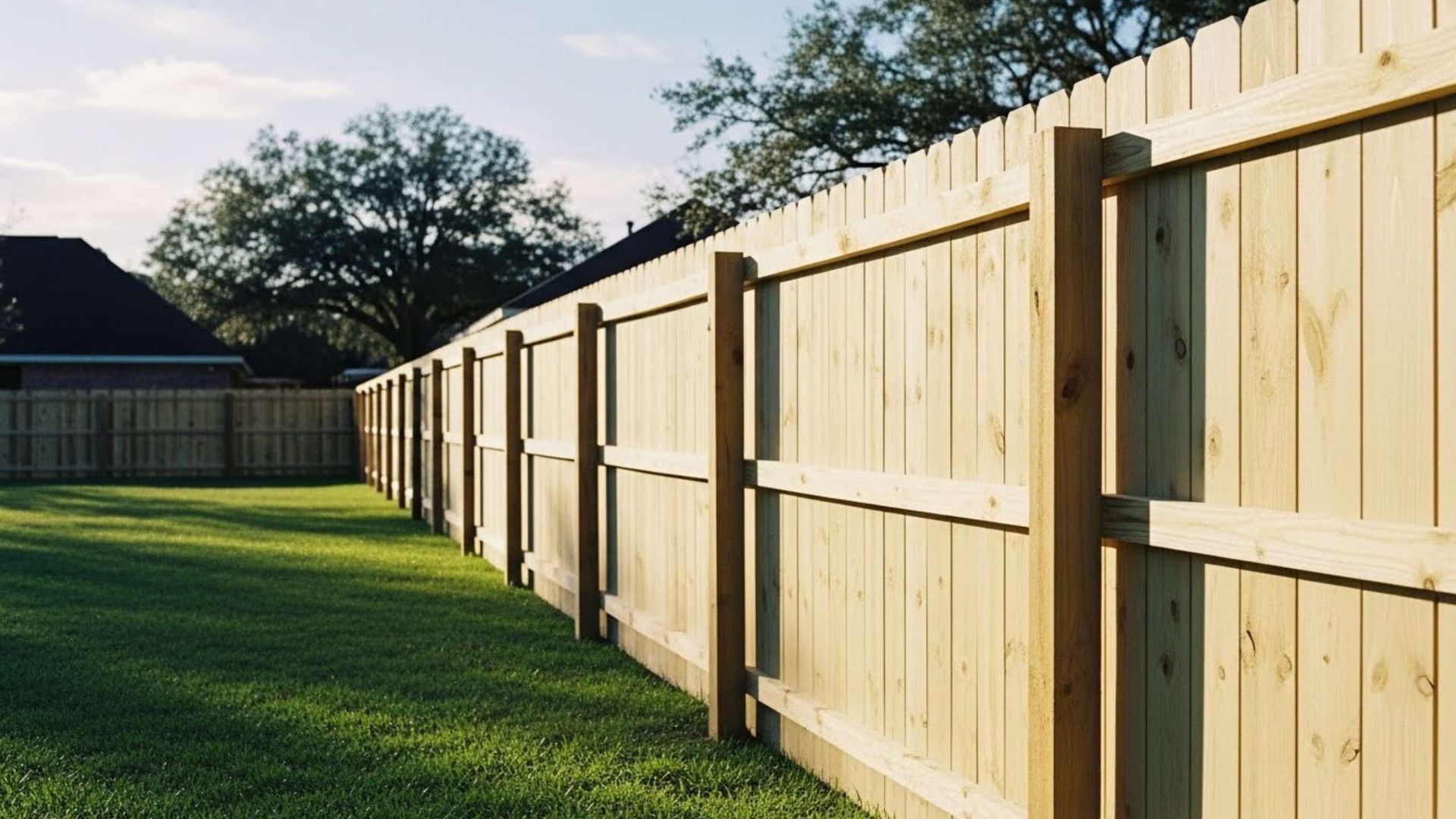 Wooden fence enclosing a grassy yard on a sunny day.