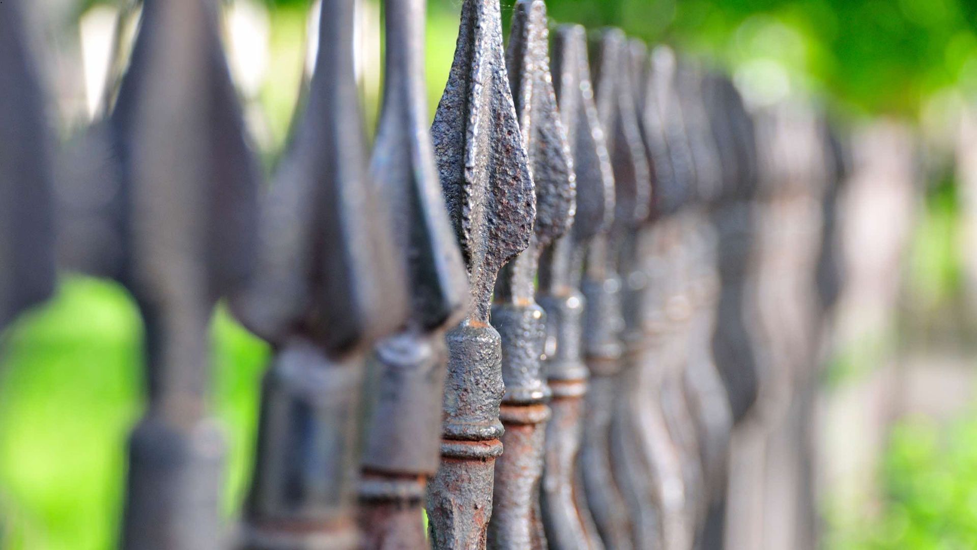 A close up of a wrought iron fence with a green background.