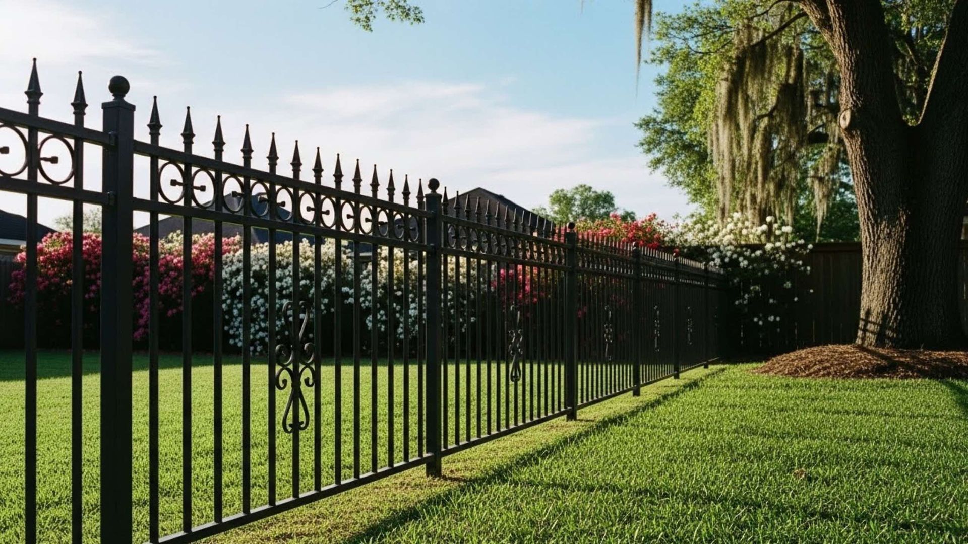 Black metal fence in a yard with green grass, flowers, and a tree on a sunny day.