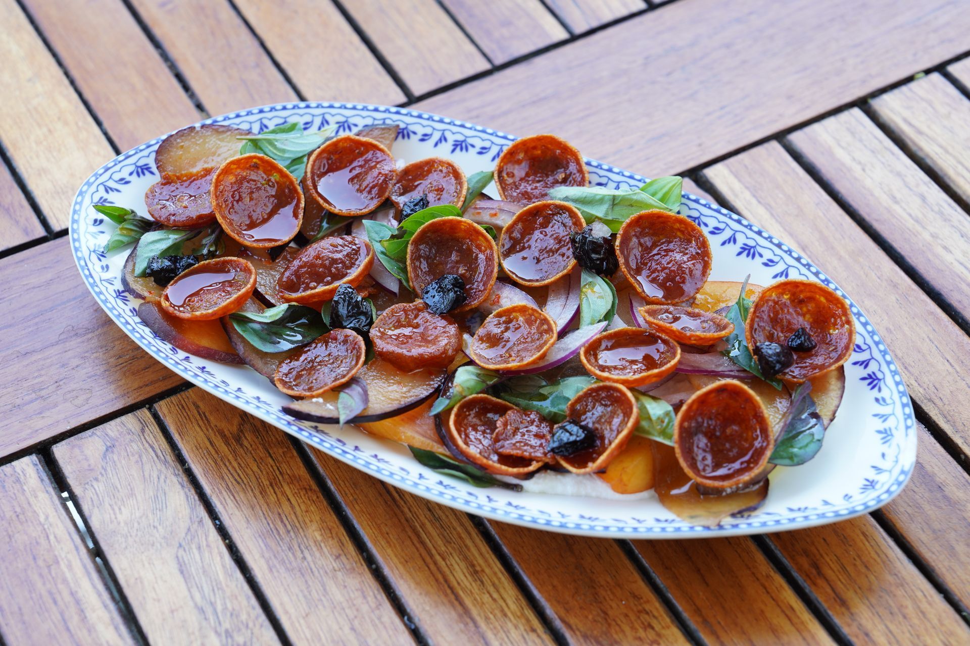 Via Mare's Stone Fruit Salad with Hot Honey, Pepperoni and Whipped Ricotta