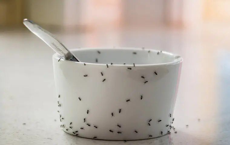 A bowl filled with ants and a spoon on a table.