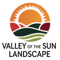 Logo: Orange sun over stylized green and red hills, 