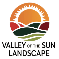 Logo: Orange sun over stylized green and red hills, 
