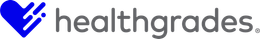 Healthgrades logo: blue heart with dots and lines, gray text.