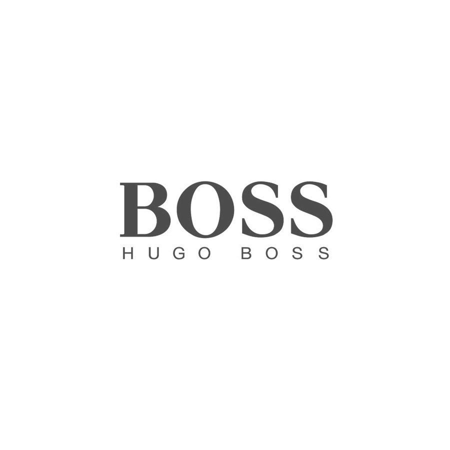 Ein schwarz-weißes Logo für Hugo Boss auf weißem Hintergrund.