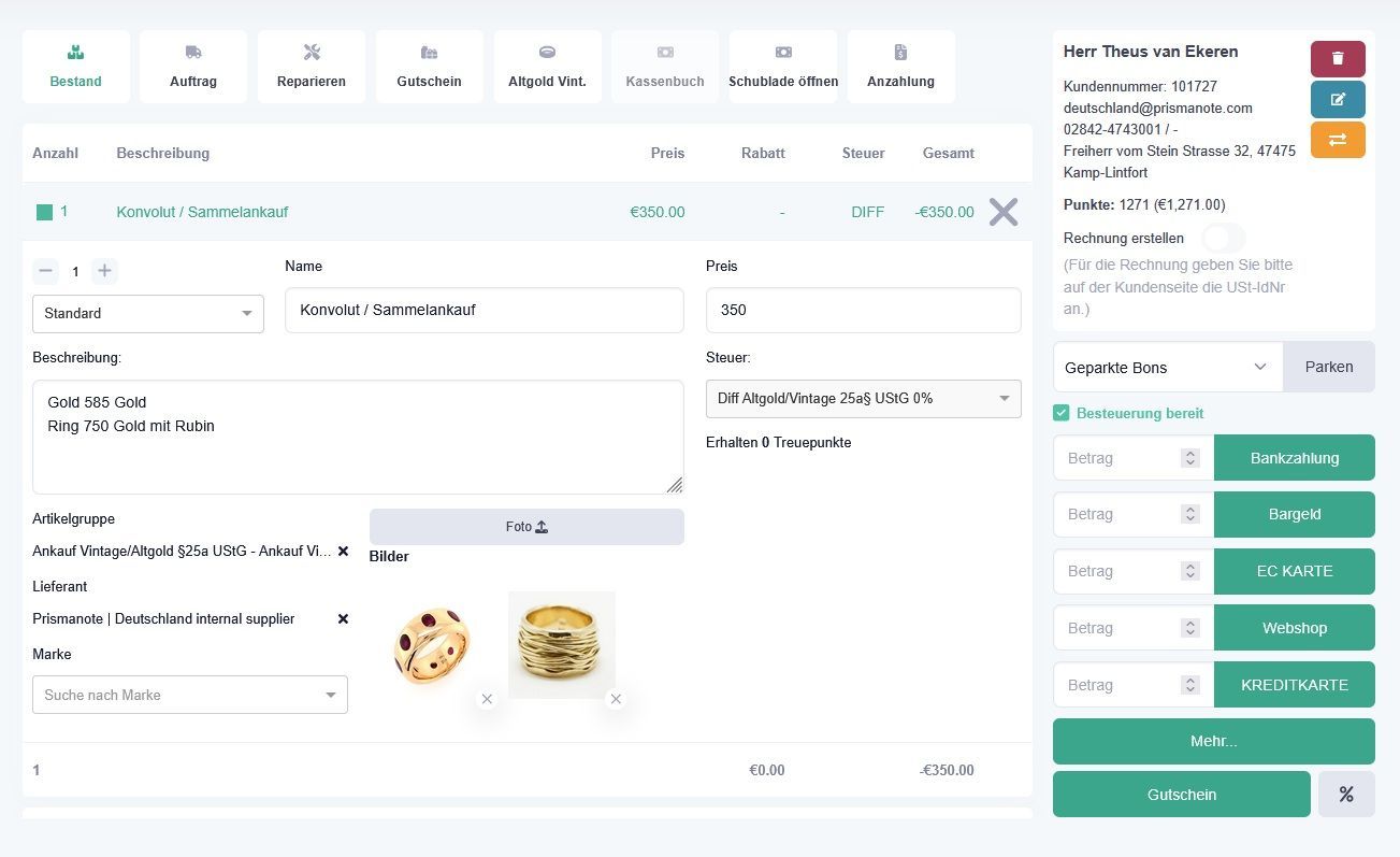 Prismanote Juweliersoftware Ankauf Altgold und Vintage Schmuck