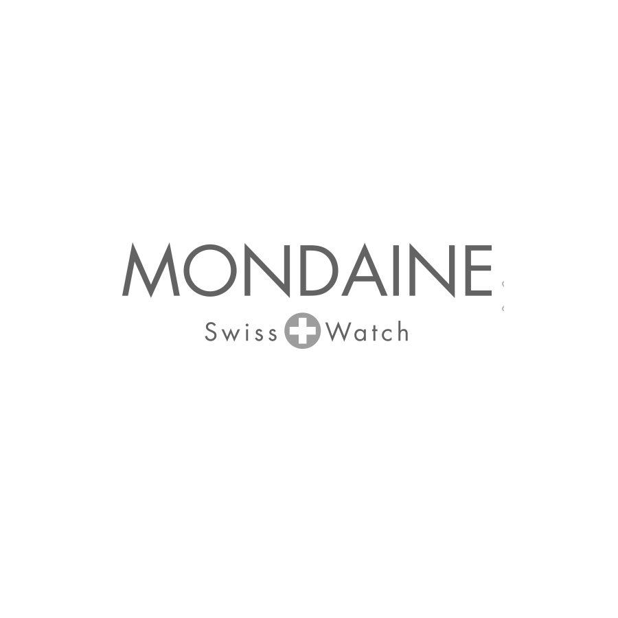 Das Logo der Schweizer Uhr Mondaine befindet sich auf weißem Hintergrund.