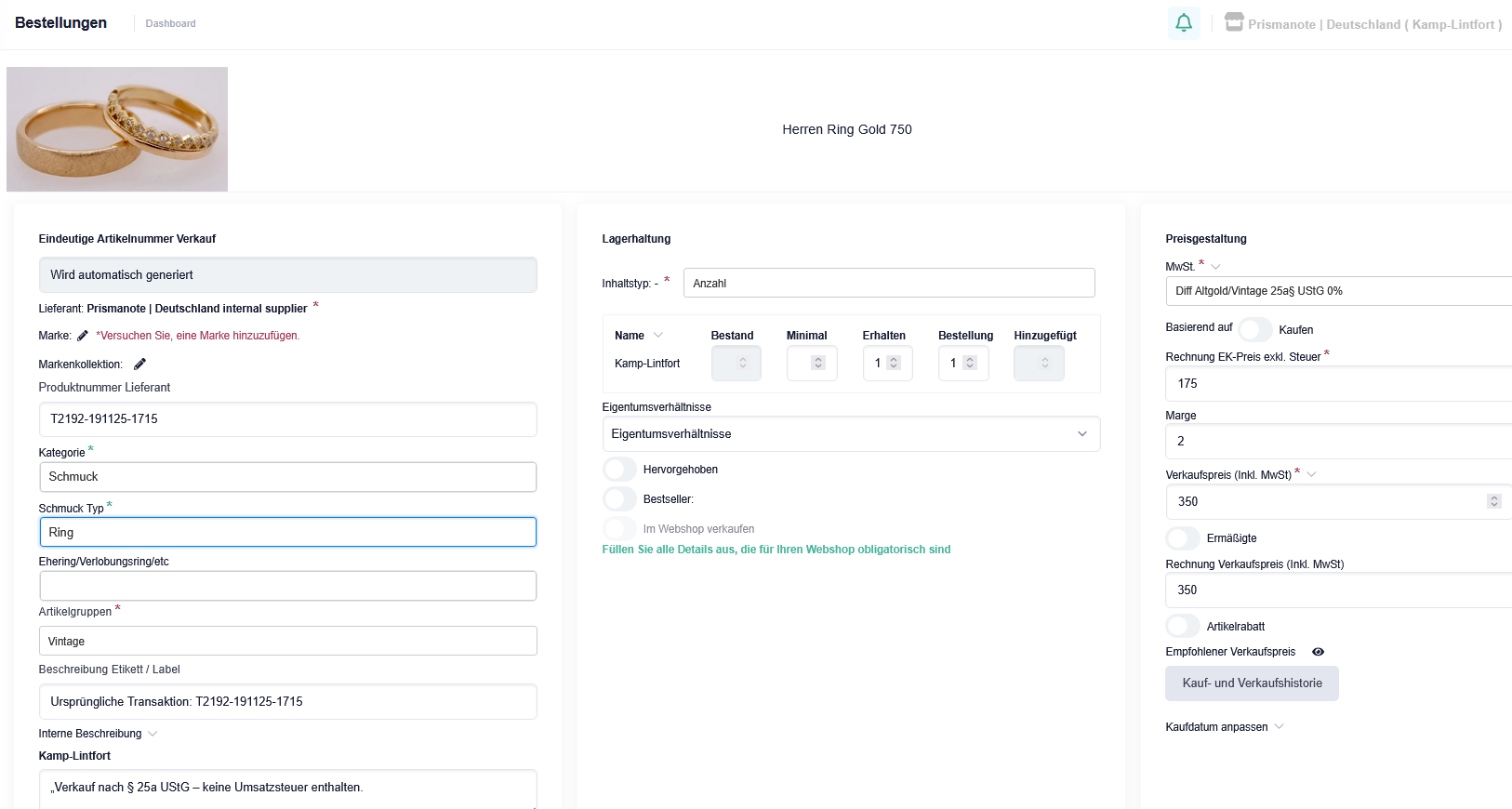 Die Erfassung eines Artikels auf einem Sammelankauf Altgold