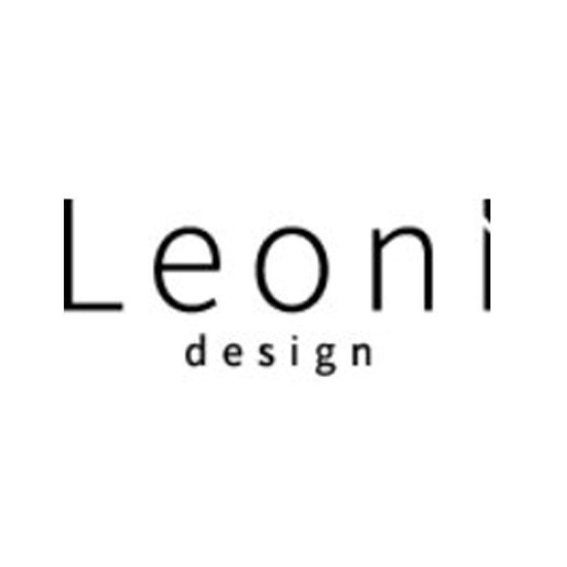 Ein schwarz-weißes Logo für Leoni Design auf weißem Hintergrund.