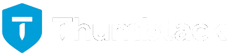 A logo for thumbtack with a blue shield on a white background.