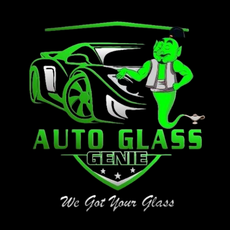 the logo for auto glass genie shows a green genie standing next to a car .