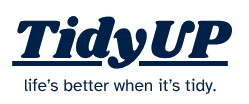 "Tidy Up" logo with white, bubbly text and light blue bubbles on a white background.