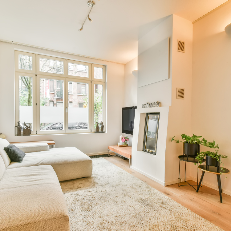 Living room with a white sofa, large window, fireplace, and plants.