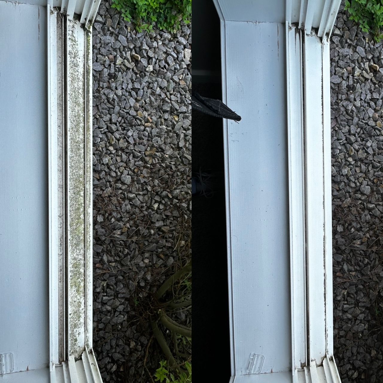 A before-and-after comparison of a white window sill, showing it cleaned of dirt and grime.