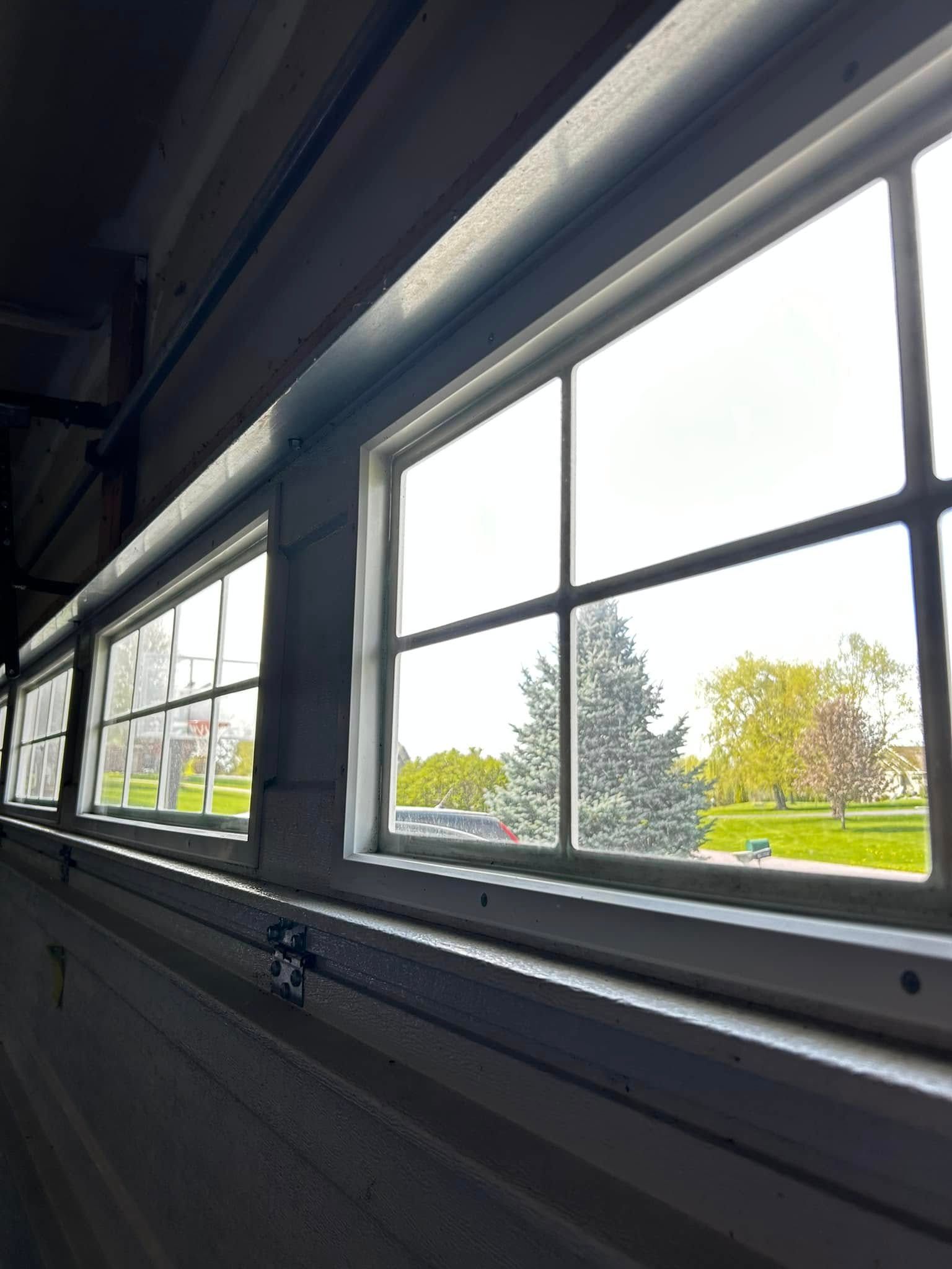 Looking out through a row of paneled garage door windows at a green lawn, trees, and a parked vehicle.