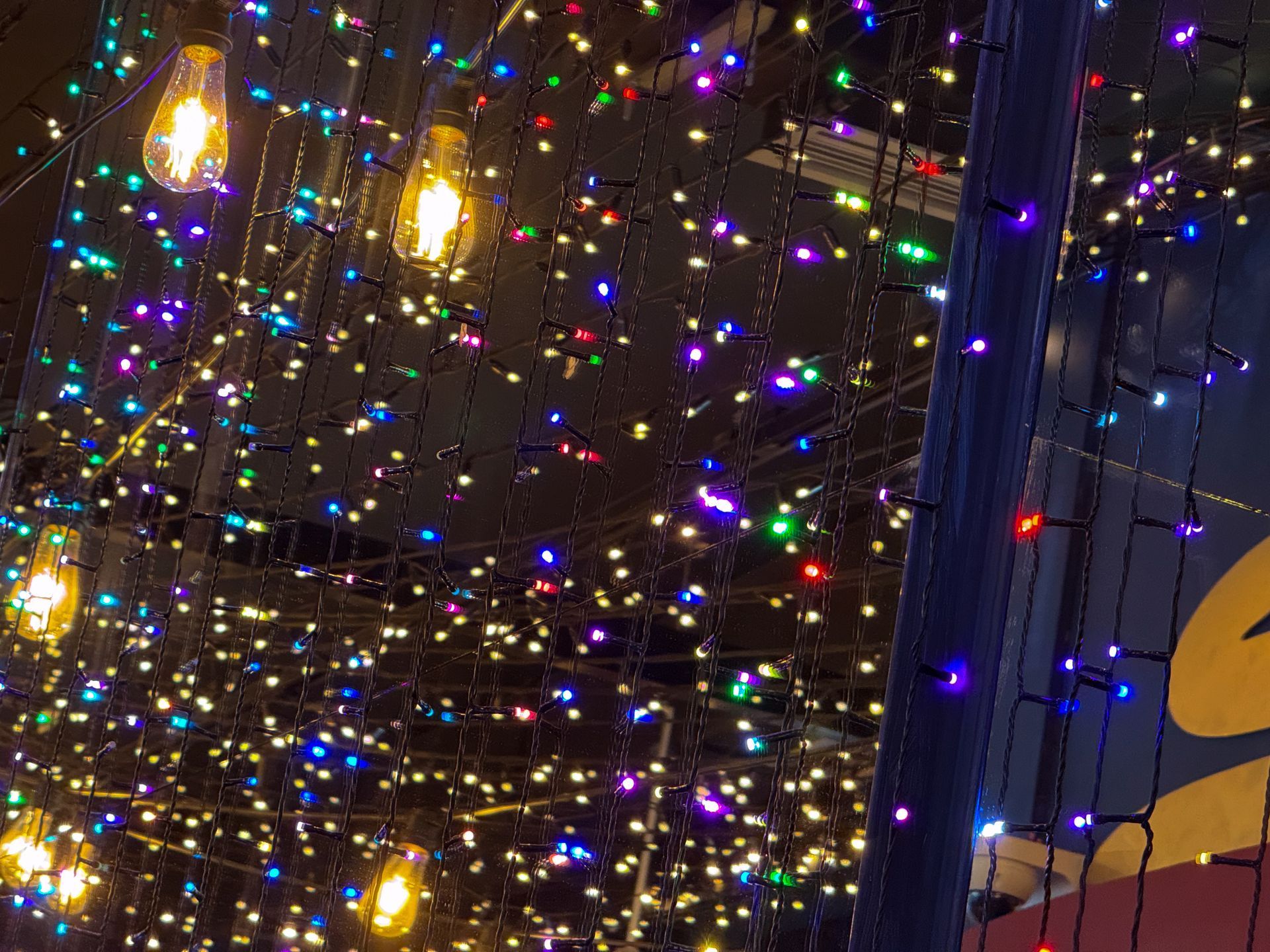 String lights and hanging bulbs decorate a dark ceiling, creating a festive, colorful ambiance.