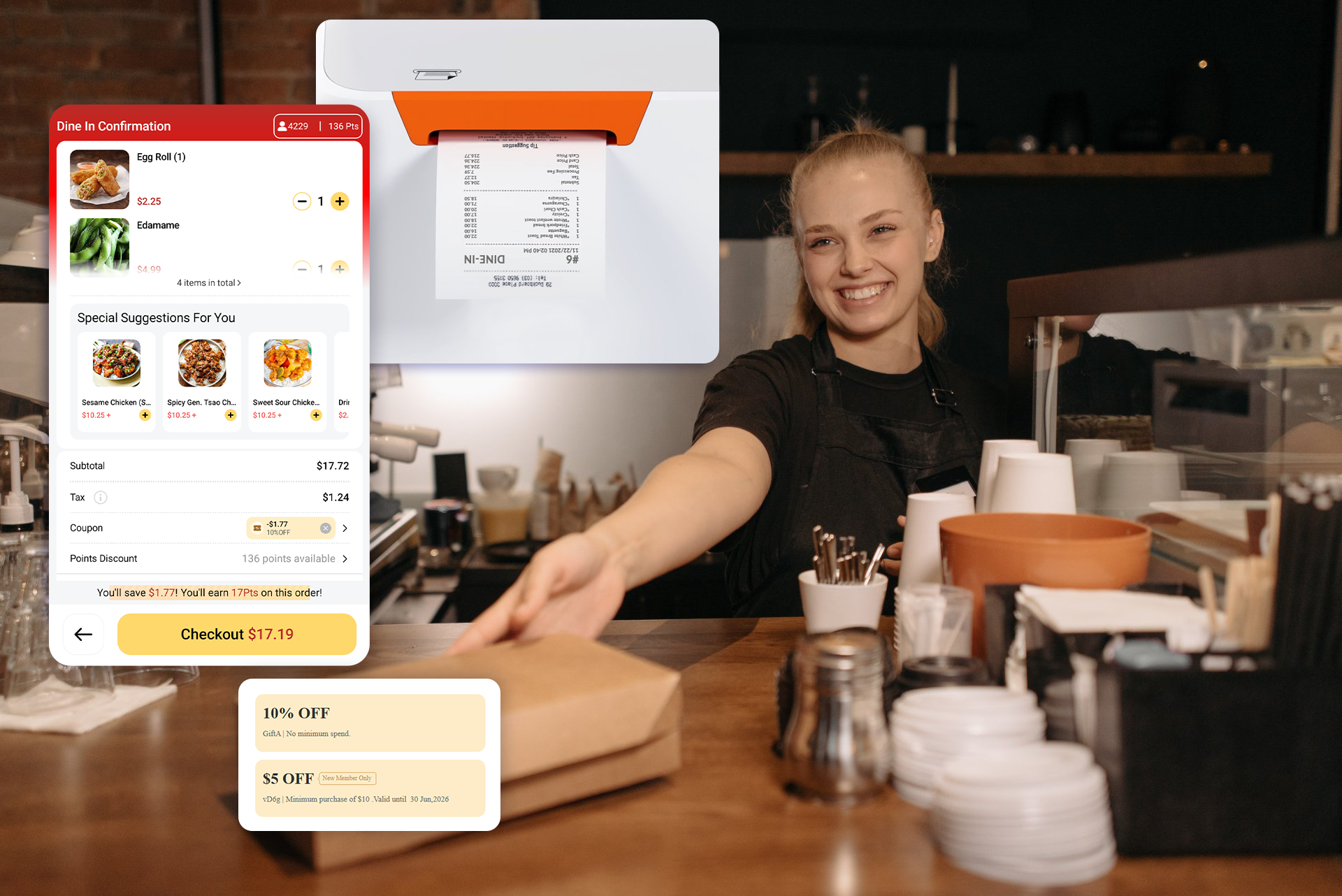 Smiling server benefits from fast orders sent to the kitchen with Front Kiosk's built-in receipt printer, upsell, coupon, and cart interfaces.