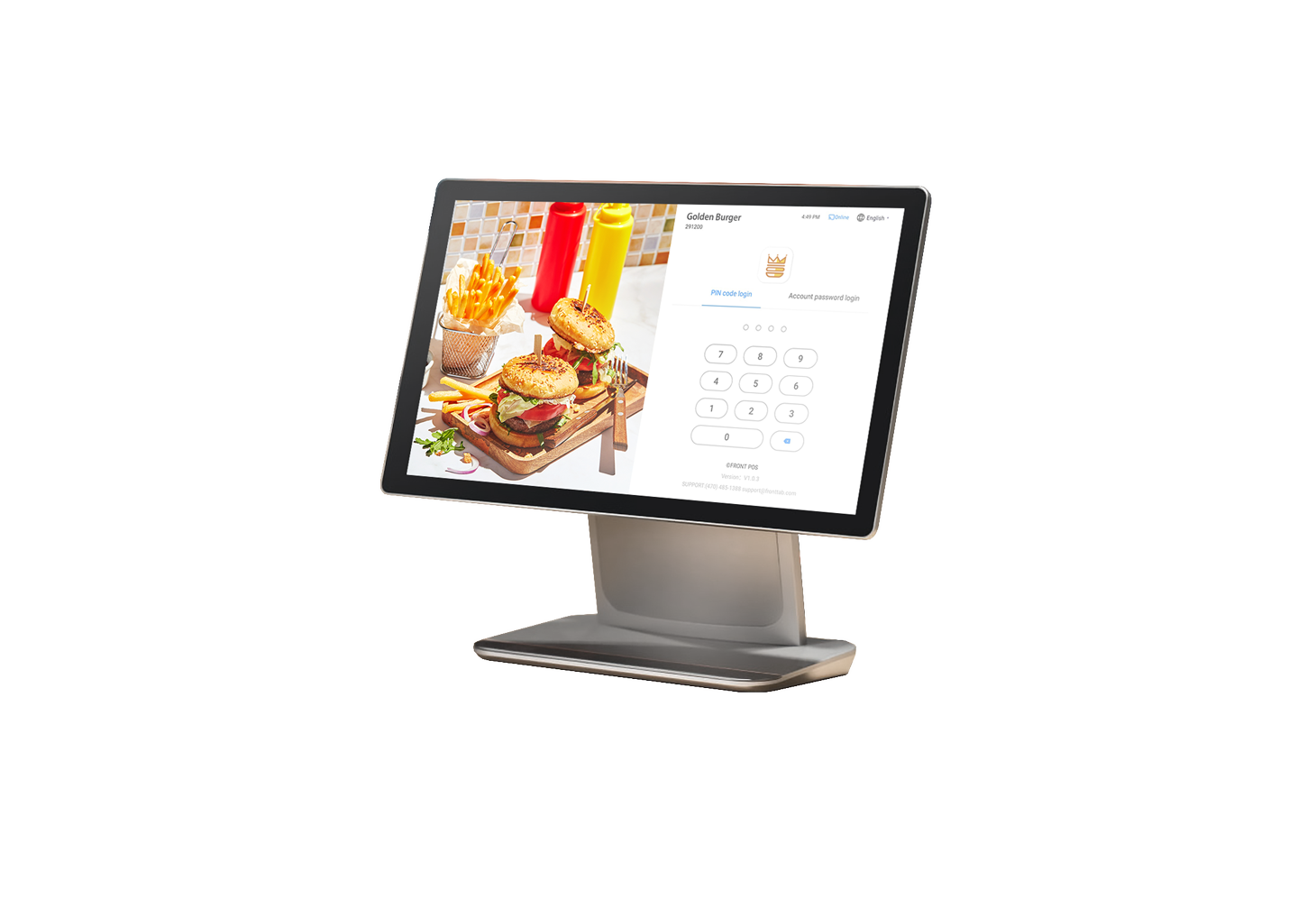 Front Station restaurant POS software on Sunmi D3 pro with login page showing burger restaurant food photography