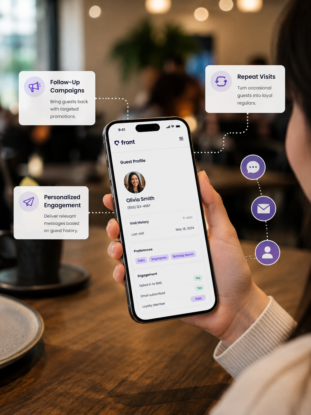 Front Waitlist helps restaurants build stronger customer relationships through targeted promotions, personalized engagement, and repeat visits.