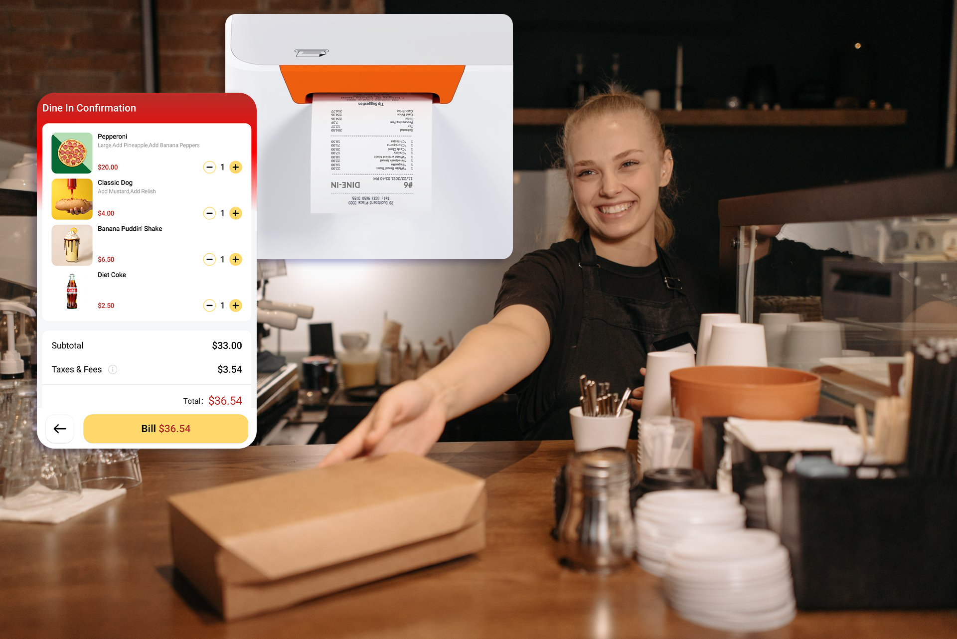 Smiling server benefits from fast orders sent to the kitchen with Front Kiosk's built-in receipt printer and cart interfaces.