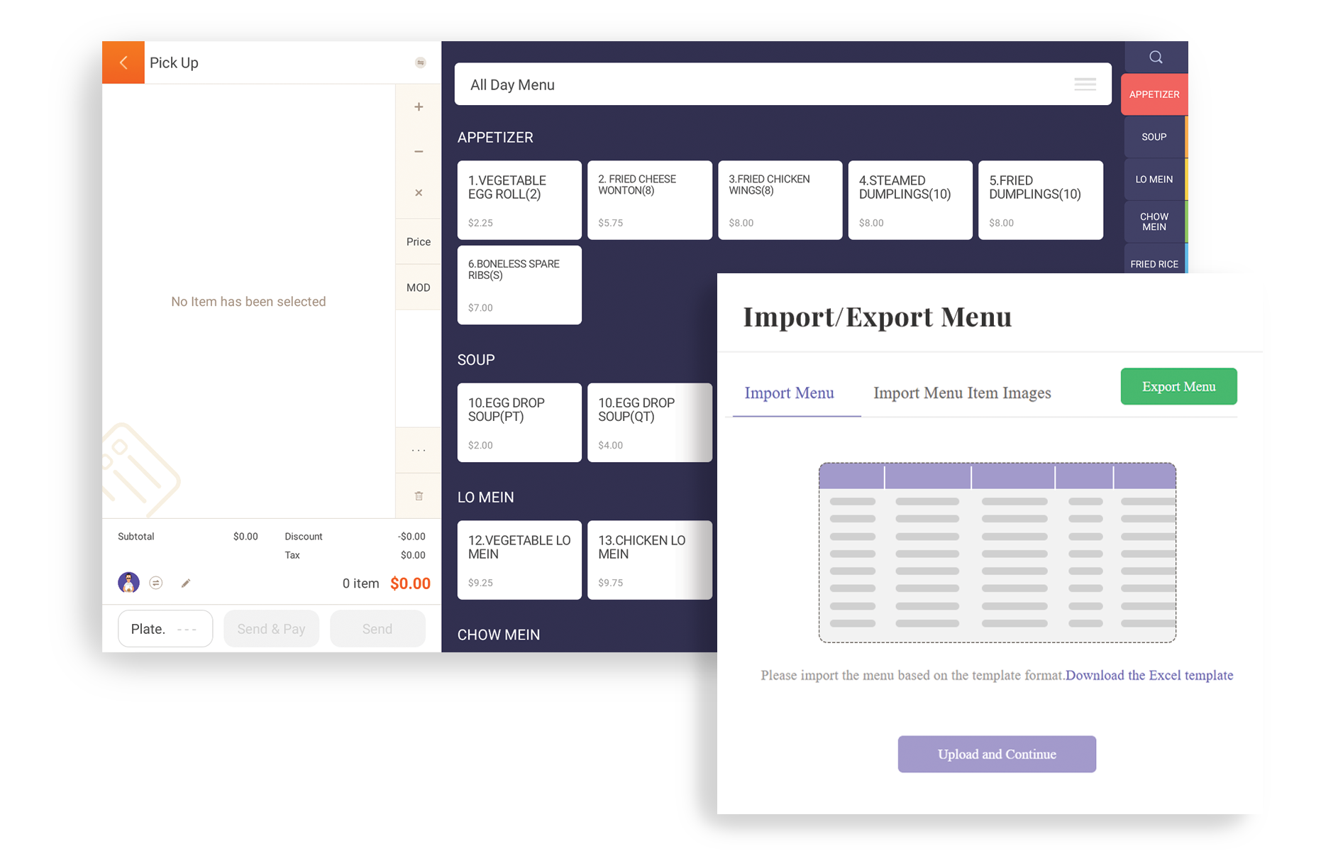 Front Station POS interfaces of restaurant menu ordering page & closeup of import/export menu interface.