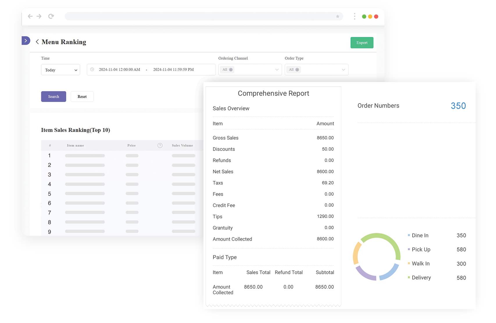 Front Station back office interfaces of menu ranking report & comprehensive report with sales overview & order count reports.