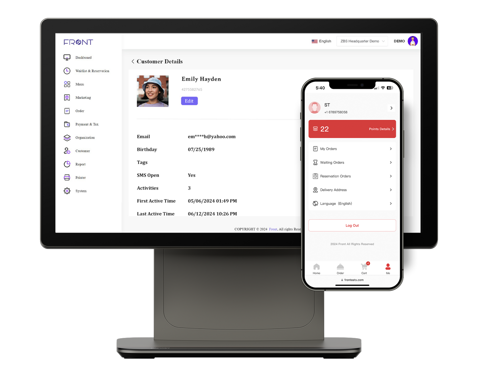 Front Station showing customer database's individual customer profile with c-facing loyalty account interface on mobile.