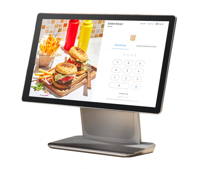 Front Station restaurant POS software on Sunmi D3 pro with login page showing burger restaurant food photography