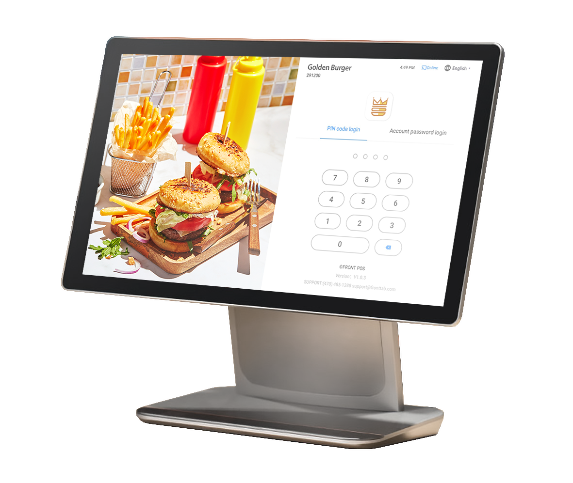 Front Station restaurant POS software on Sunmi D3 pro with login page showing burger restaurant food photography