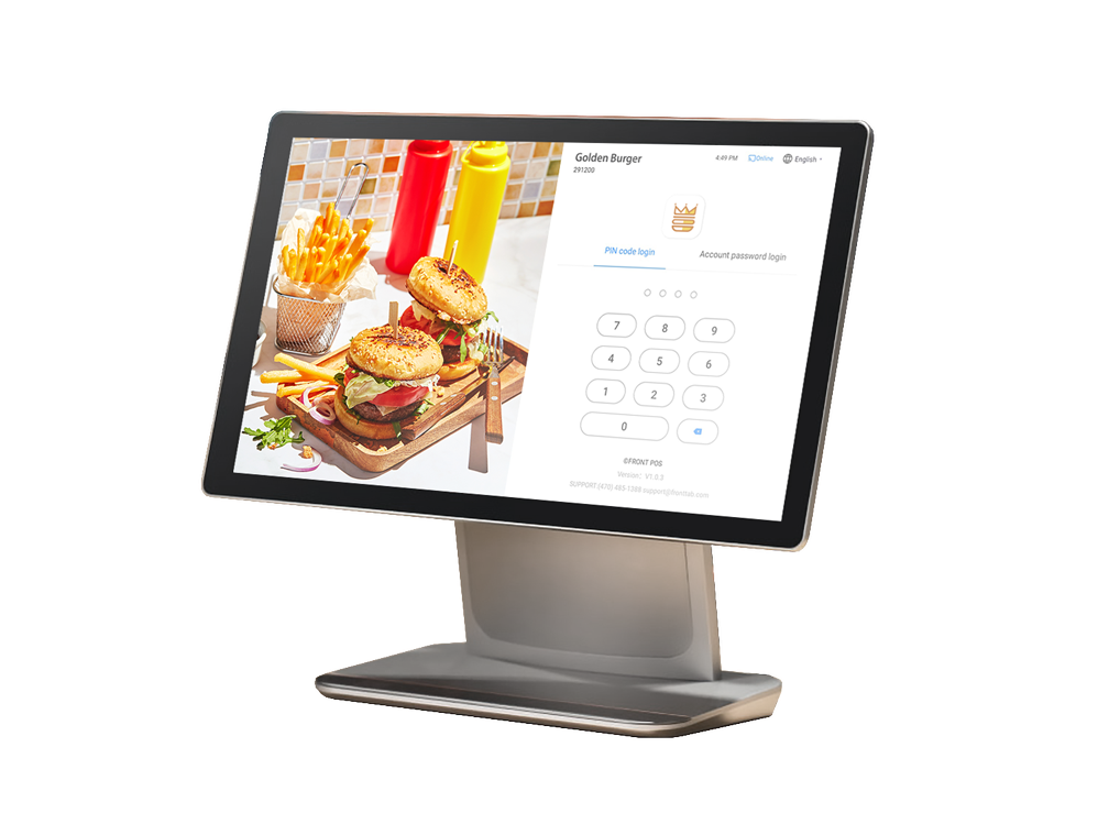 Front Station restaurant POS software on Sunmi D3 pro with login page showing burger restaurant food photography