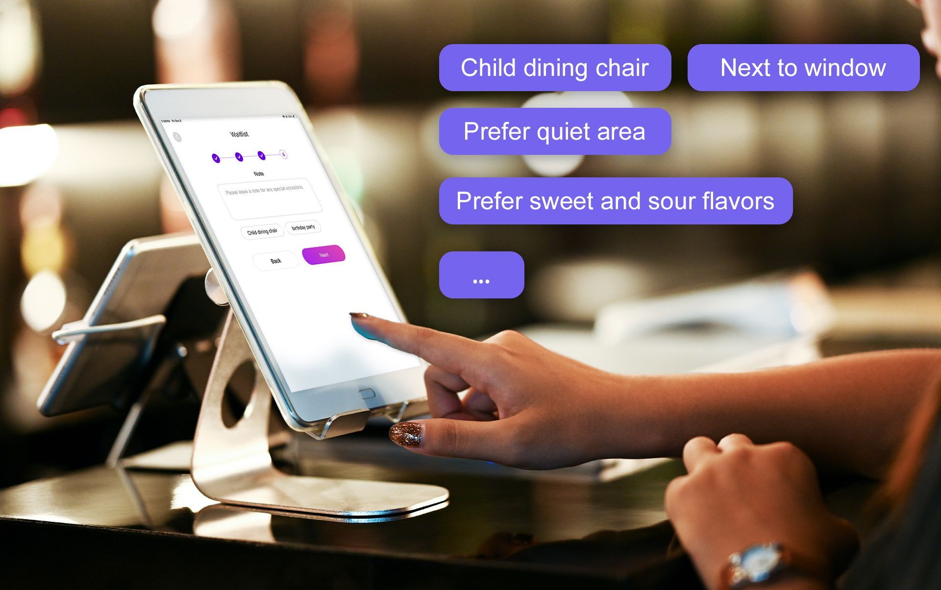 A guest is adding her dining information and preferences to Front Waitlist guest interface.