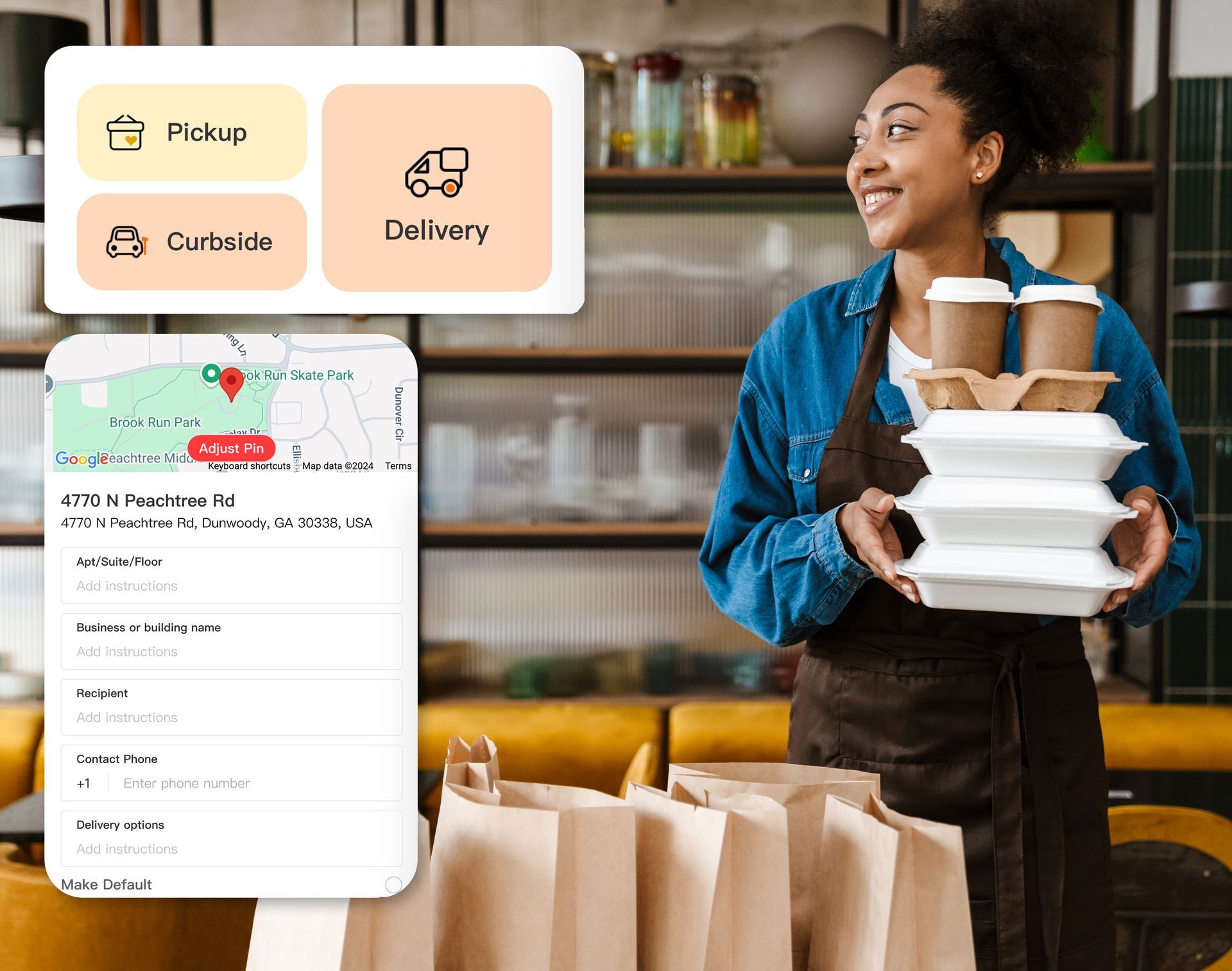 Waitress holding takeout boxes in restaurant with floating Front Eats food delivery map & method options interfaces on side.