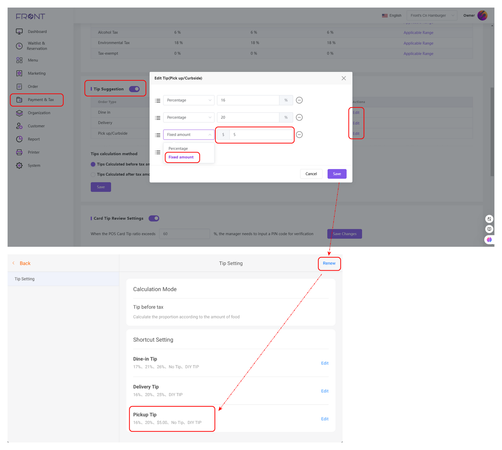 Tip Setting - Fixed Amount