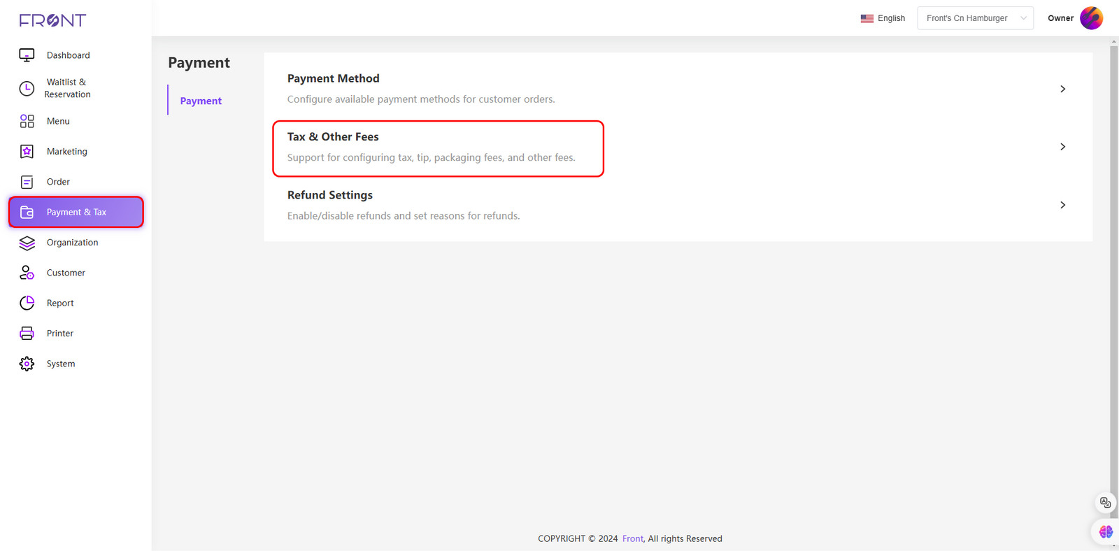 Tax & Other Fees interface