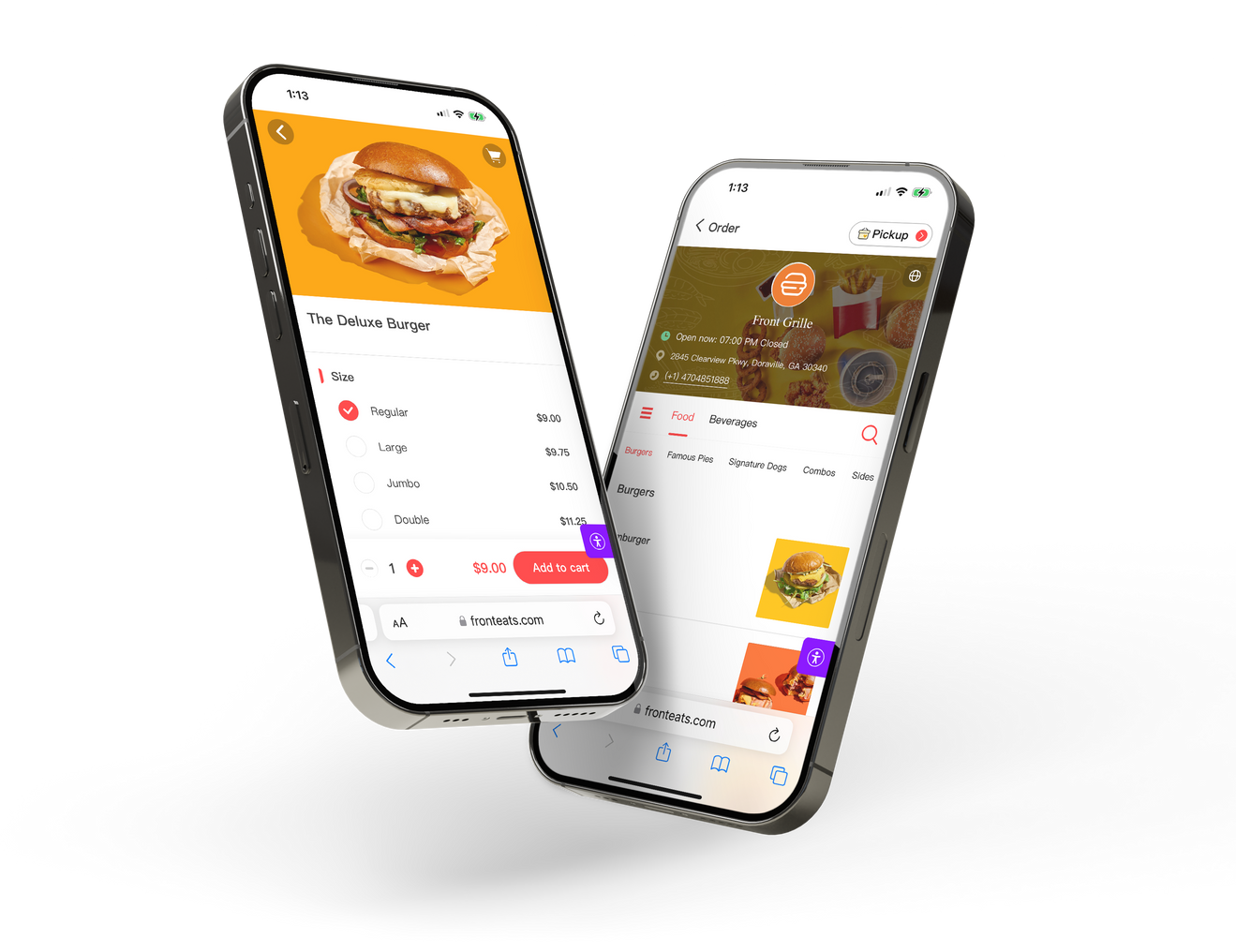 Front Eats restaurant online ordering platform on two iPhones with ordering and menu interfaces for a burger restaurant.