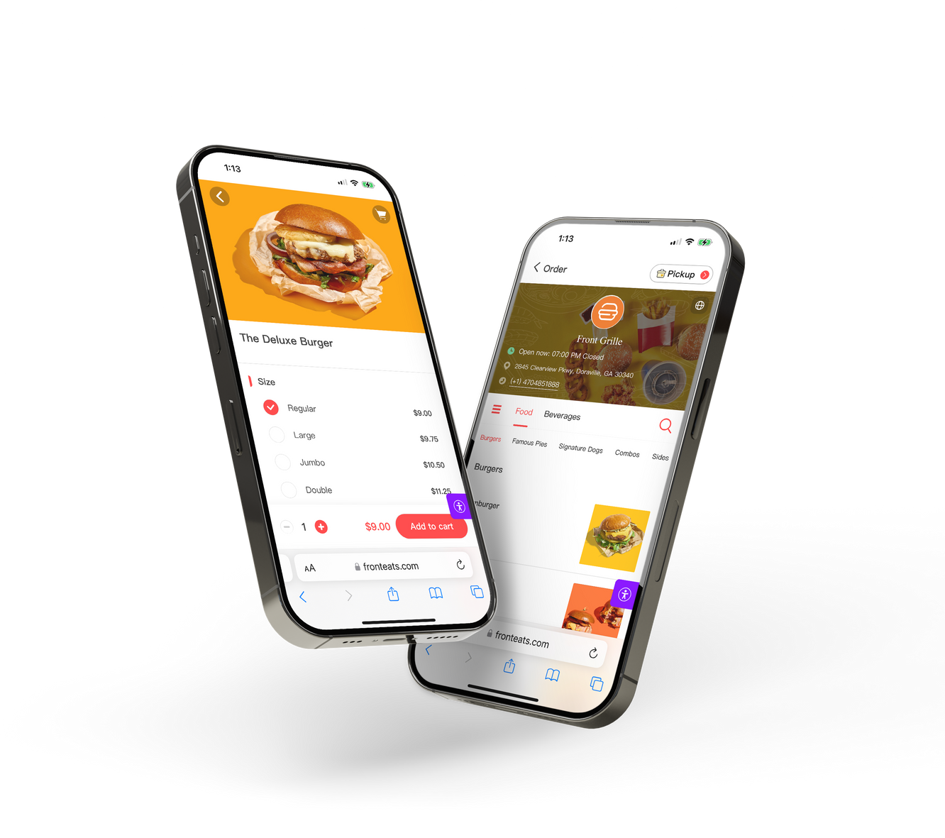Front Eats 线上点餐照片带有两个手机点餐界面。